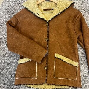 Tan Faux Suede Sheepskin Shearling Women's Hooded 70s Jacket S
